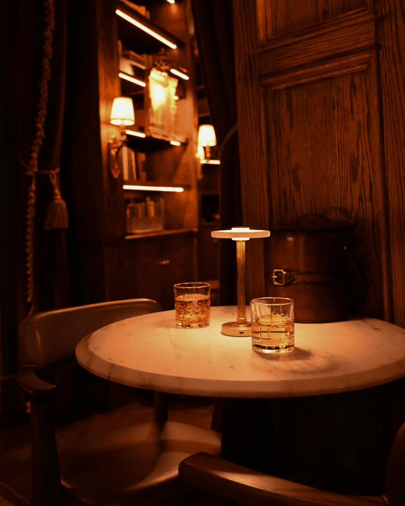 Visual Comfort lamp creates an inviting moment for quiet drinks and conversation. The warm pool of light brings intimacy to the rich wood paneling around it.