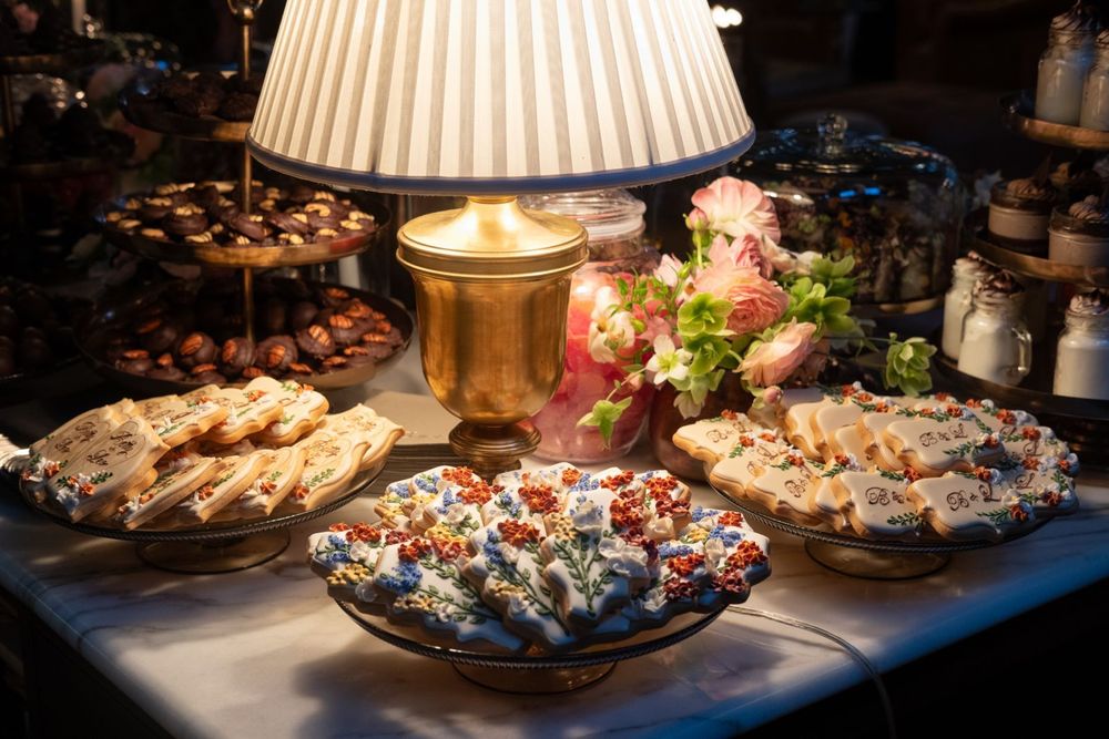 An artful dessert spread — hand-decorated cookies, rich chocolates, and soft florals glowing in lamplight.