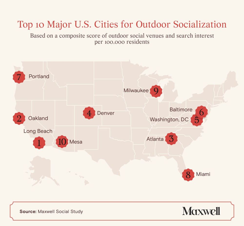 Map ranking the best and worst U.S. cities for outdoor socializing.