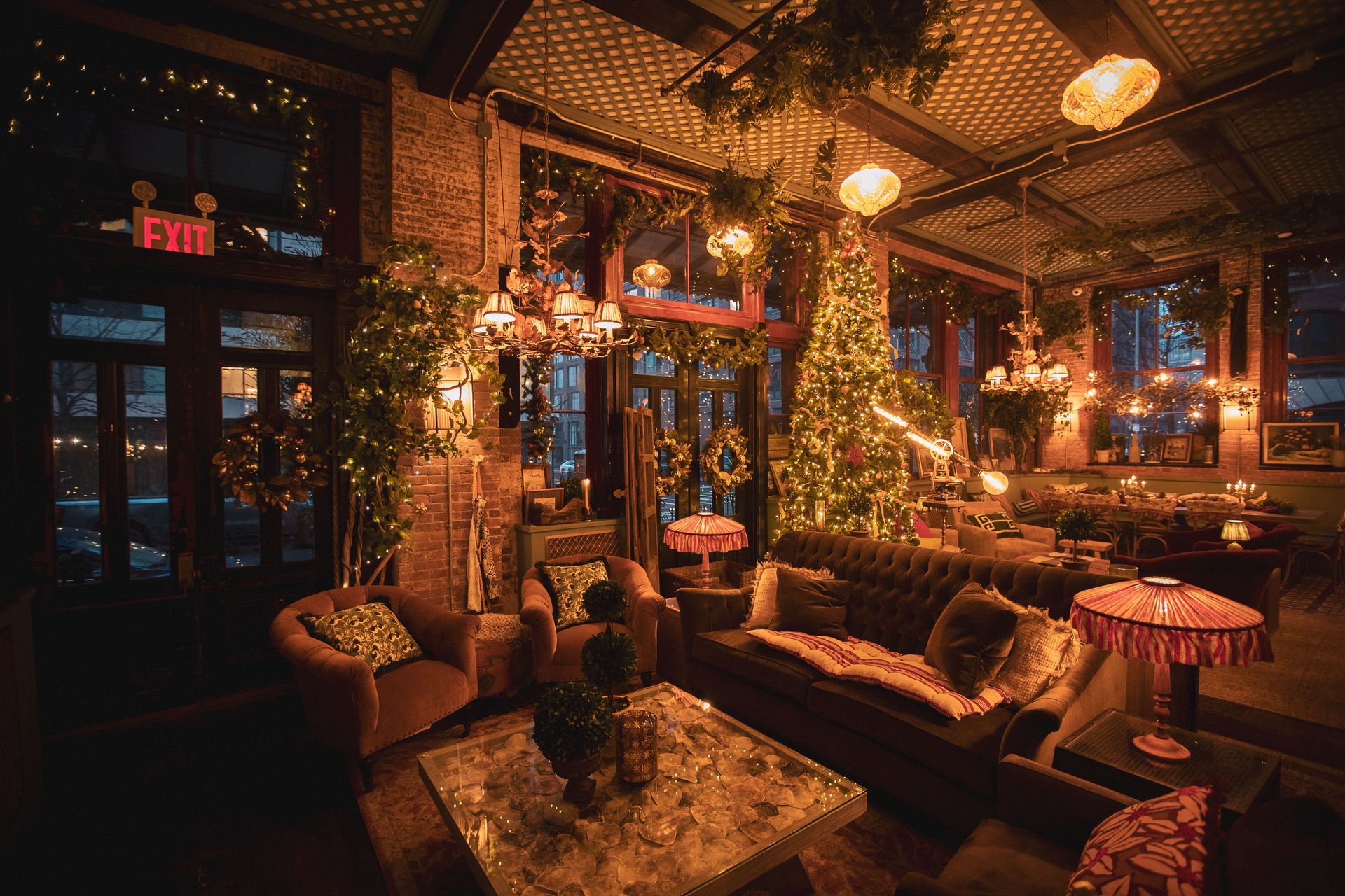 Cozy corners and twinkling lights in the Garden Room.