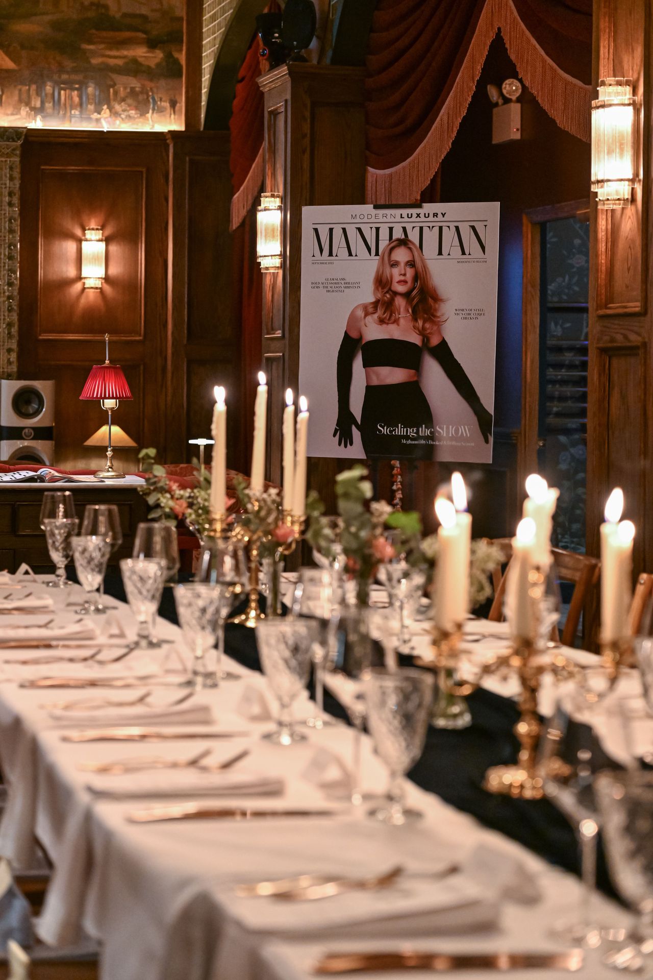 The cover of Manhattan magazine featuring Meghann Fahy stood proudly in the room, setting the tone for a night of celebration