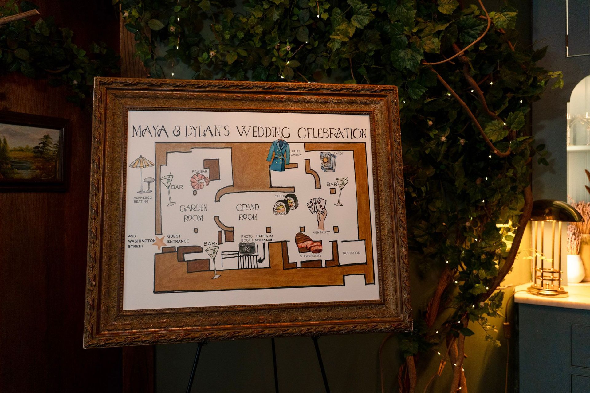 A hand-illustrated floor plan guides guests through the celebration, blending charm and functionality.